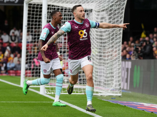 burnleys-josh-brownhill-celebrates-scoring-their-sides-second-goal-of-the-game-during-the-sky-bet-championship-match-at-vicarage-road-watford-picture-date-friday-april-18-2025