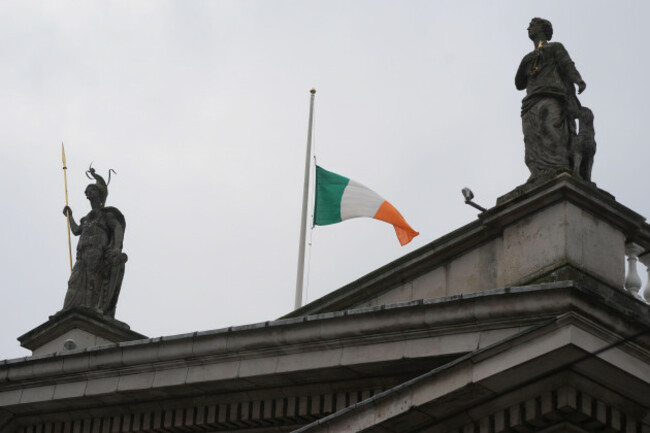 the-national-flag-of-ireland-also-known-as-the-irish-tricolour-flies-at-half-mast-during-a-ceremony-to-mark-the-anniversary-of-the-1916-easter-rising-at-the-gpo-on-oconnell-street-dublin-picture-dat