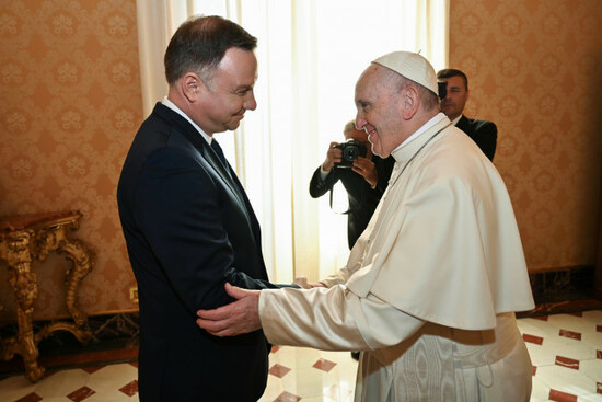 pope-francis-welcomes-polands-president-andrzej-duda-left-on-the-occasion-of-their-private-meeting-at-the-vatican-monday-oct-15-2018-alberto-pizzolipool-photo-via-ap