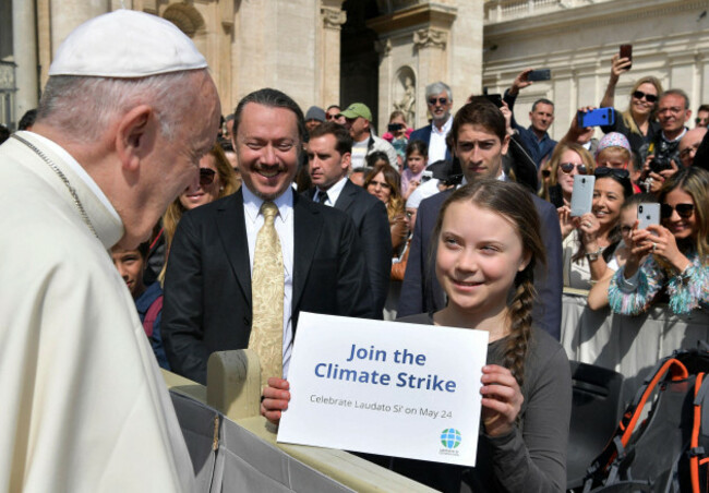 pope-francis-meets-teenage-climate-activist-greta-thunberg-at-the-end-of-his-weekly-general-audience-in-st-peters-square-at-the-vatican-on-april-17-2019-the-swedish-girl-shook-hands-and-briefly-spo