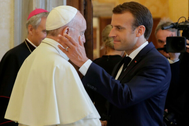 file-french-president-emmanuel-macron-right-shakes-hands-with-and-goes-to-hug-pope-francis-at-the-end-of-their-private-audience-at-the-vatican-tuesday-june-26-2018-alessandra-tarantinopool