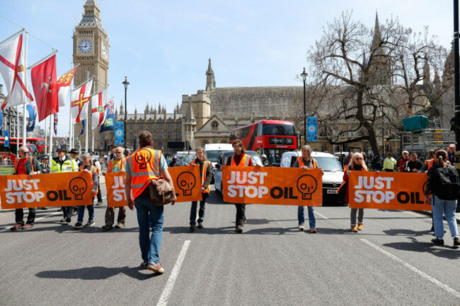 london-england-uk-3rd-may-2023-a-number-of-arrests-are-made-as-protesters-from-just-stop-oil-stop-slow-walk-around-westminster-bringing-traffic-to-a-halt
