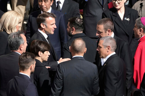 french-president-emmanuel-macron-center-left-speaks-with-ukraines-president-volodymr-zelenskyy-center-right-as-they-arrive-for-the-funeral-of-pope-francis-in-st-peters-square-at-the-vatican-sa