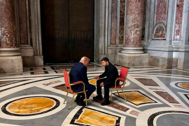 in-this-photo-provided-by-the-ukrainian-presidential-press-office-ukraines-president-volodymyr-zelenskyy-right-and-president-donald-trump-talk-as-they-attend-the-funeral-of-pope-francis-in-vatica