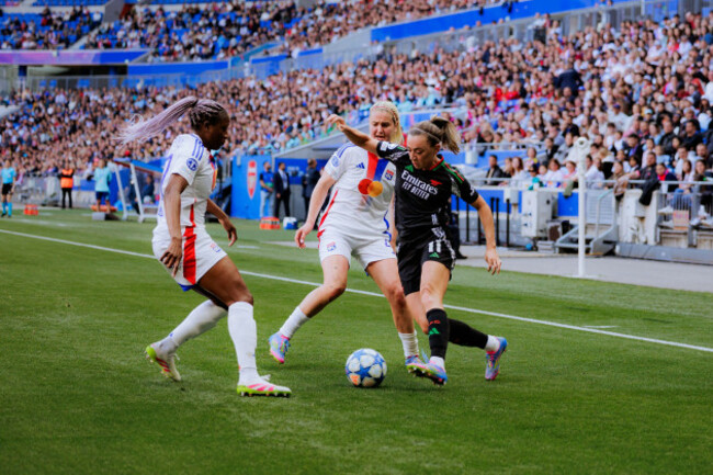 lyon-france-27th-apr-2025-lyon-france-katie-mccabe-11-arsenal-and-kadidiatou-diani-11-olympique-lyonnais-in-action-during-the-uefa-womens-champions-league-semi-final-game-between-olympique-ly