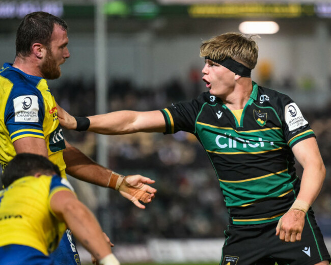 northampton-uk-4th-apr-2025-henry-pollock-of-northampton-saints-pushes-thomas-ceyte-of-asm-clermont-auvergne-during-the-investec-champions-cup-round-of-16-match-between-northampton-saints-v-asm-cl