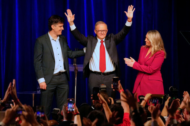 australian-prime-minister-anthony-albanese-his-partner-jodie-haydon-and-son-nathan-react-as-they-meet-the-party-faithful-after-winning-a-second-term-following-the-general-election-in-sydney-saturday