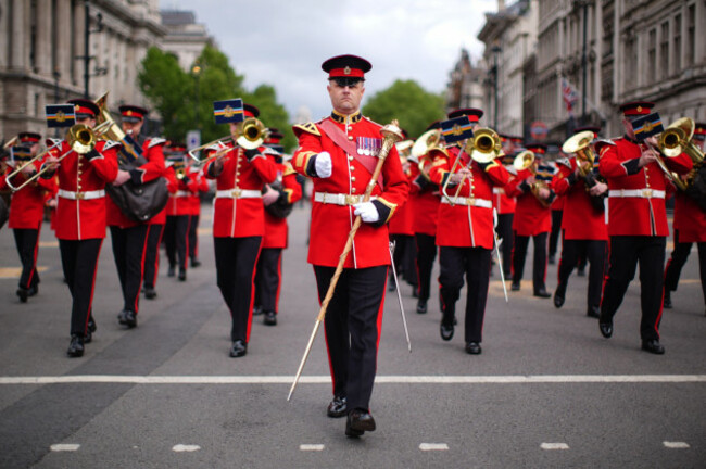 members-of-military-band-march-in-parliament-square-ahead-of-a-military-procession-marking-the-80th-anniversary-of-ve-day-and-in-honour-of-those-who-served-during-the-second-world-war-in-central-lo
