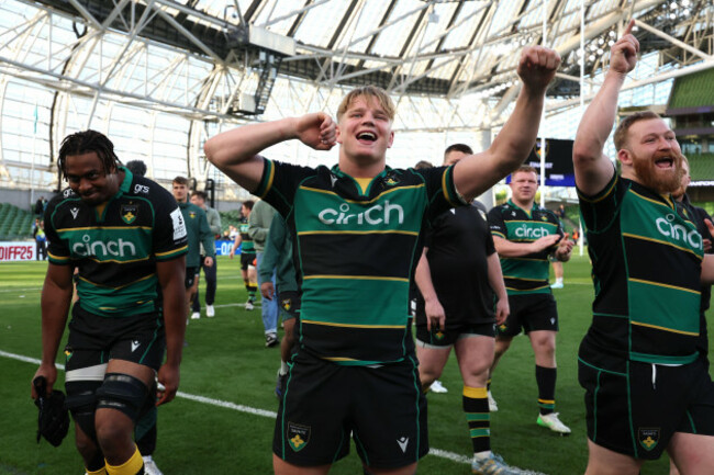 northampton-saints-henry-pollock-centre-and-team-mates-celebrate-following-victory-in-the-investec-champions-cup-semi-final-match-at-the-aviva-stadium-dublin-ireland-picture-date-saturday-may-3