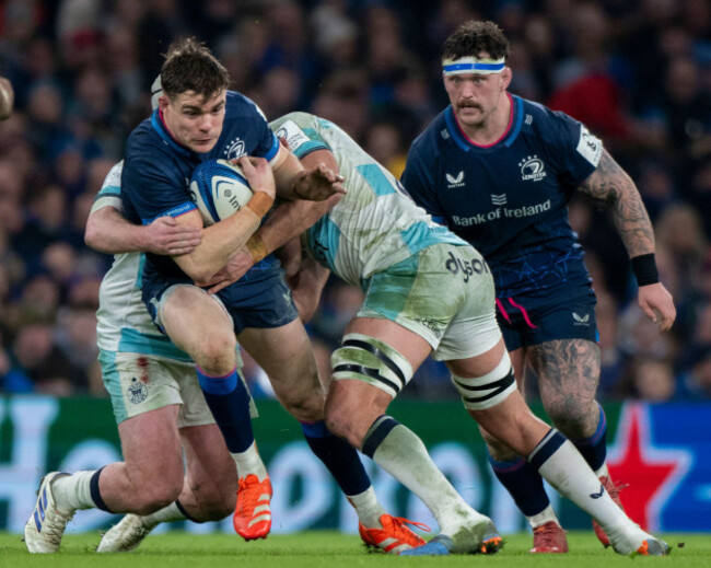 dublin-ireland-19th-jan-2025-garry-ringrose-of-leinster-with-the-ball-during-the-investec-champions-cup-pool-2-round-4-match-between-leinster-rugby-and-bath-rugby-at-aviva-stadium-in-dublin-ire