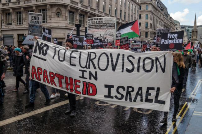 london-uk-11th-may-2019-no-to-eurovision-in-apartheid-israel-banner-on-the-march-from-the-bbc-to-a-rally-in-whitehall-a-few-days-before-nakba-day-showing-solidarity-with-the-palestinian-people-and