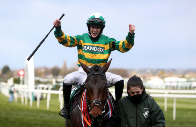 jockey-rachael-blackmore-celebrates-winning-the-randox-grand-national-handicap-chase-on-minella-times-during-grand-national-day-of-the-2021-randox-health-grand-national-festival-at-aintree-racecourse