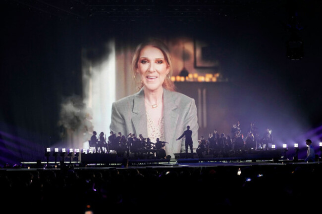 former-eurovision-song-contest-winner-celine-dion-speak-in-a-pre-recorded-video-message-during-the-first-semi-final-of-the-69th-eurovision-song-contest-in-basel-switzerland-tuesday-may-13-2025