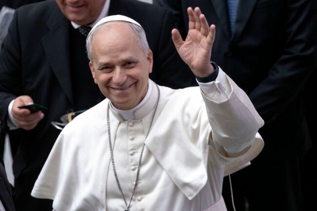 vatican-city-vatican-12th-may-2025-pope-leo-xiv-at-the-media-representatives-during-the-meeting-with-media-representatives-in-the-paul-vi-hall-at-the-vatican-photo-by-maria-grazia-picciarellaso