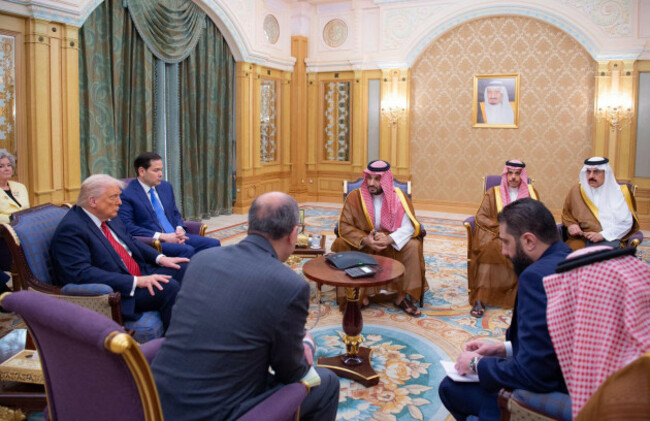 riyadh-saudi-arabia-14th-may-2025-saudi-crown-prince-mohammed-bin-salman-center-hosts-a-conference-call-between-u-s-president-donald-trump-left-u-s-secretary-of-state-marco-rubio-second-fro