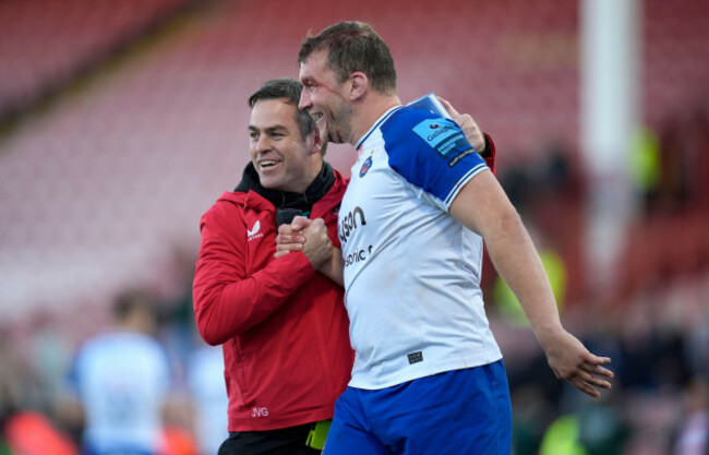 bath-head-coach-johann-van-graan-left-and-ross-molony-after-the-gallagher-premiership-match-at-kingsholm-stadium-gloucester-picture-date-saturday-october-12-2024