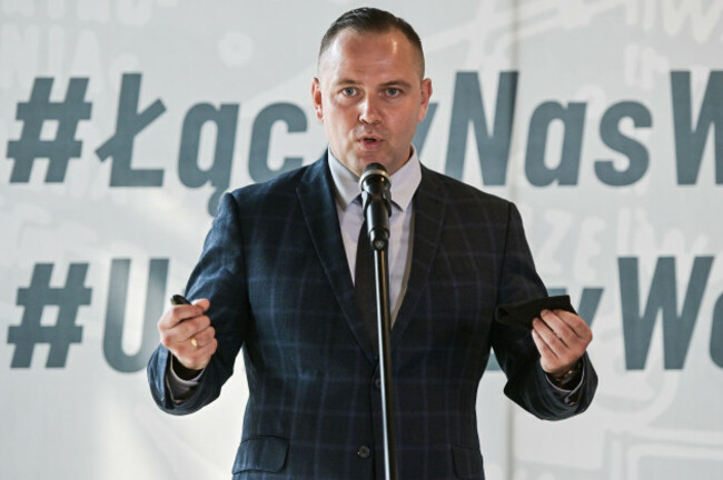 gdansk-poland-10th-aug-2020-karol-nawrocki-speaks-during-a-press-conference-about-concept-of-building-a-military-cemetery-at-westerplatte-piotr-glinski-is-a-deputy-prime-minister-of-poland-and-min