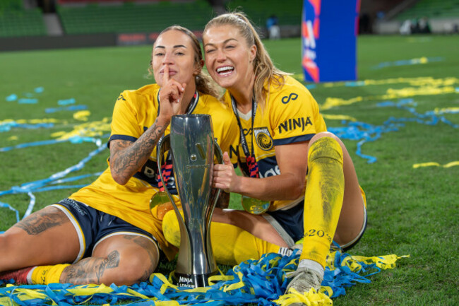 melbourne-victoria-australia-18th-may-2025-brooke-nunn-l-and-sarah-rowe-r-of-the-central-coast-mariners-seen-celebrating-during-the-a-league-women-grand-finale-between-central-coast-mariners