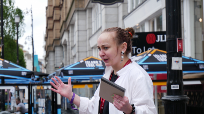1. Tammy Strickland engaging with the public at the street science communication event 'Soapbox Science' in Dublin city centre in June 2023