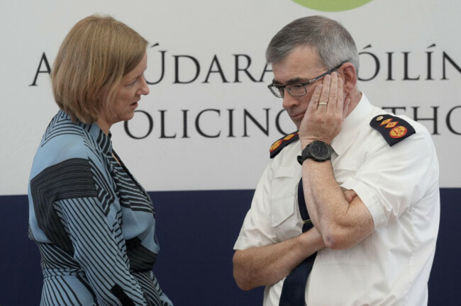 garda-commissioner-drew-harris-and-policing-authority-chair-dr-elaine-byrne-ahead-of-a-meeting-of-the-policing-authority-at-the-richmond-education-and-event-centre-in-dublin-picture-date-thursday-se