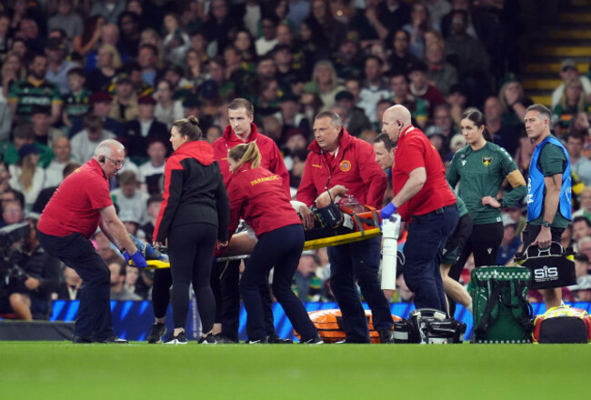 northampton-saints-george-furbank-leaves-the-pitch-on-a-stretcher-during-the-investec-champions-cup-final-at-the-principality-stadium-cardiff-picture-date-saturday-may-24-2025