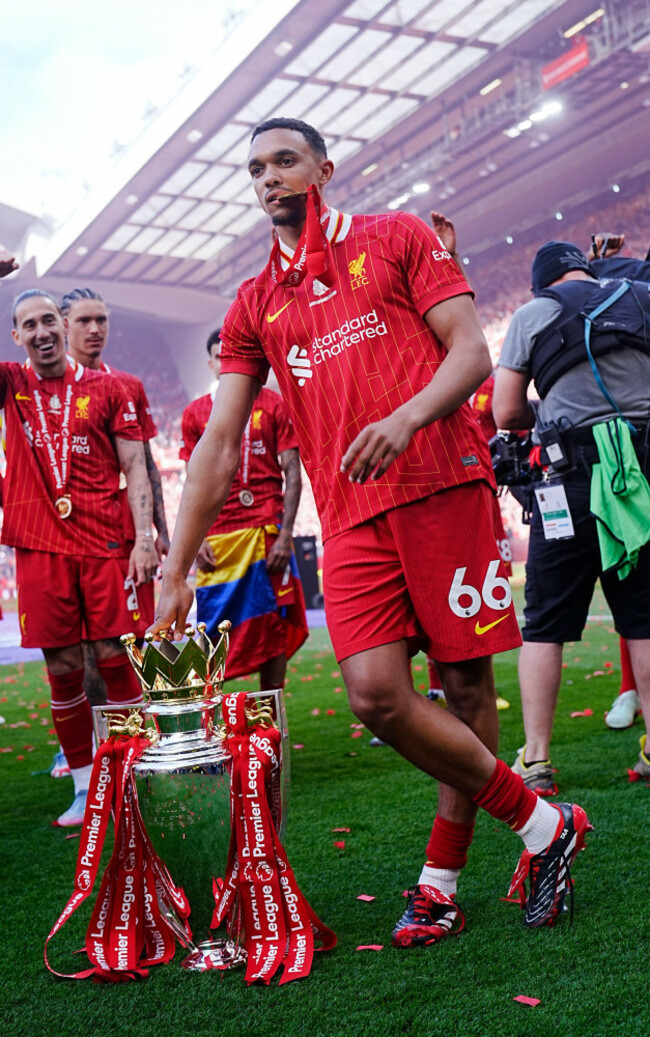 liverpools-trent-alexander-arnold-celebrates-with-the-premier-league-trophy-after-the-premier-league-match-at-anfield-liverpool-picture-date-sunday-may-25-2025