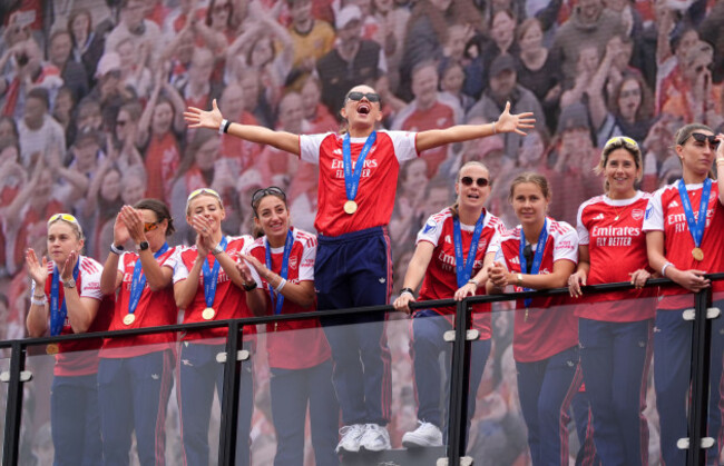 arsenals-katie-mccabe-centre-and-team-mates-during-the-uefa-womens-champions-league-winners-parade-in-london-arsenal-women-won-the-uefa-womens-champions-league-against-barcelona-on-saturday-pic