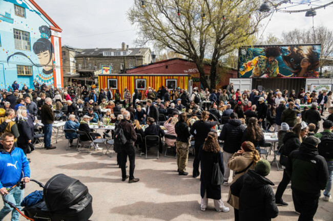 copenhagen-denmark-6th-apr-2025-christiania-residents-are-marking-the-one-year-anniversary-for-the-clearing-of-pusher-street-in-copenhagen-on-sunday-afternoon-a-table-was-set-for-coffee-and-cake