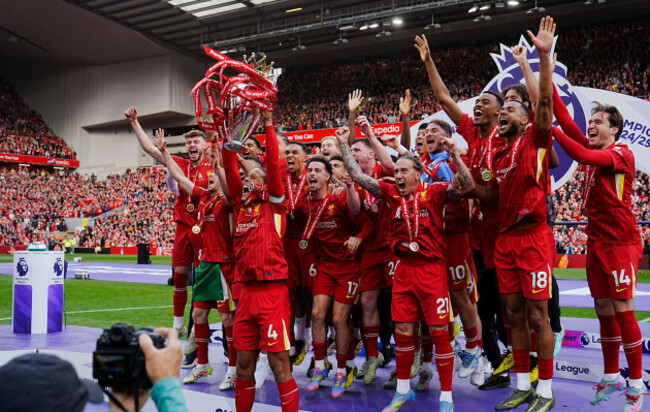 liverpools-virgil-van-dijk-lifts-the-premier-league-trophy-with-team-mates-after-the-premier-league-match-at-anfield-liverpool-picture-date-sunday-may-25-2025