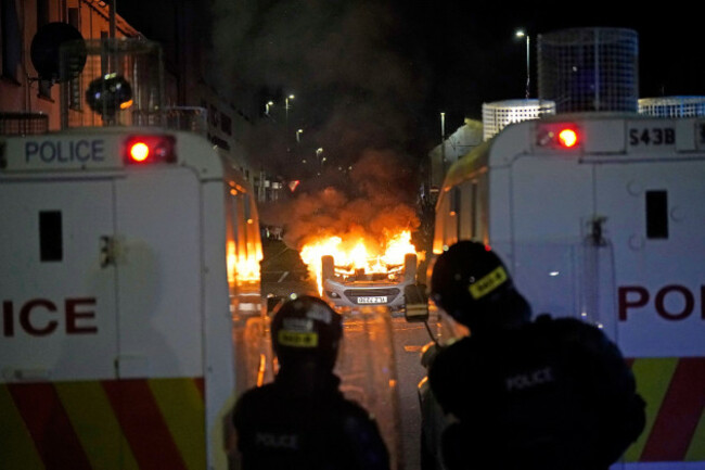police-respond-to-a-second-night-of-violence-in-ballymena-as-people-take-part-in-a-protest-over-an-alleged-sexual-assault-in-the-co-antrim-town-police-used-water-cannon-to-disperse-protesters-engage