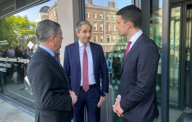 left-right-finance-minister-paschal-donohoe-tanaiste-simon-harris-and-public-expenditure-minister-jack-chambers-arriving-at-the-national-economic-dialogue-at-dublin-castle-picture-date-monday-jun