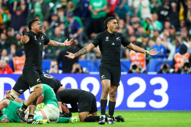 richie-mounga-and-rieko-ioane-of-new-zealand-during-the-rugby-world-cup-quarter-final-2-match-between-ireland-and-new-zealand-at-stade-de-france-on-october-14-2023-in-paris-france-photo-by-baptist