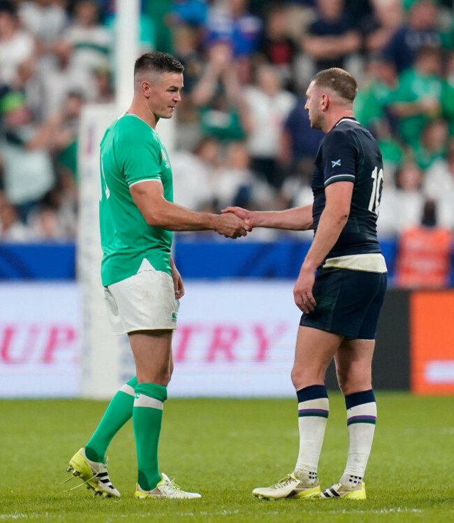 irelands-johnny-sexton-left-and-scotlands-finn-russell-shake-hands-after-the-rugby-world-cup-2023-pool-b-match-at-stade-de-france-in-paris-france-picture-date-saturday-october-7-2023