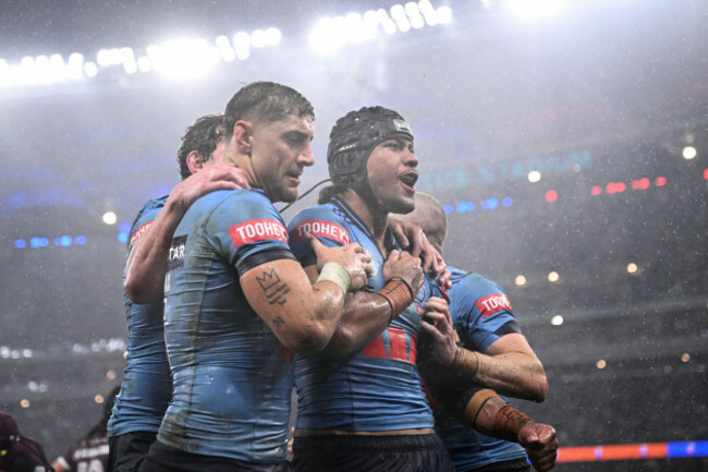 perth-australia-18th-june-2025-stephen-crichton-of-the-blues-right-celebrates-with-teammates-after-scoring-a-try-during-the-state-of-origin-game-two-match-between-the-queensland-maroons-and-the