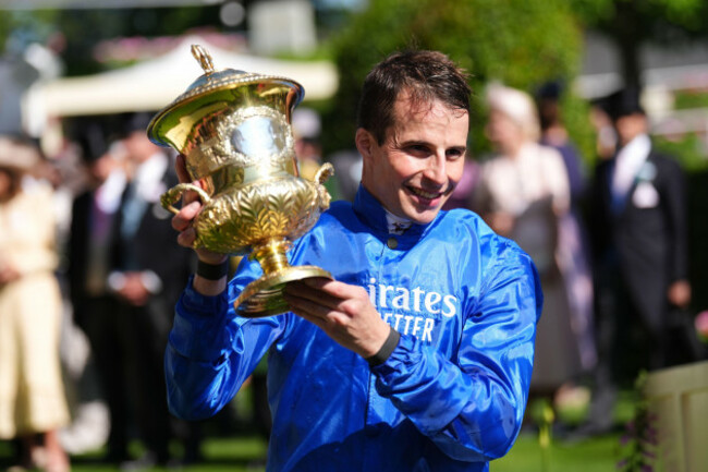 william-buick-with-the-trophy-for-the-prince-of-waless-stakes-on-day-two-of-royal-ascot-at-ascot-racecourse-berkshire-picture-date-wednesday-june-18-2025