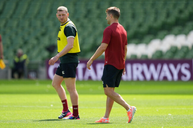 british-and-irish-lions-finn-russell-left-and-assistant-coach-richard-wigglesworth-during-a-training-session-at-the-aviva-stadium-in-dublin-ireland-picture-date-thursday-june-19-2025