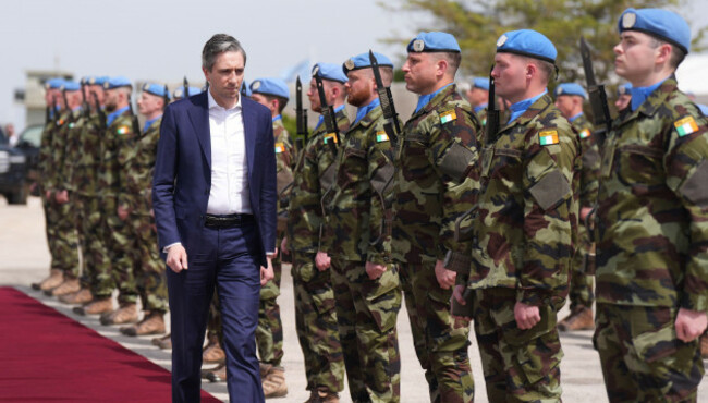 tanaiste-simon-harris-reviews-troops-as-he-arrives-for-his-visit-to-camp-shamrock-near-the-border-with-lebanon-and-israel-to-meet-defence-forces-troops-serving-with-the-unifil-peacekeeping-mission-ami