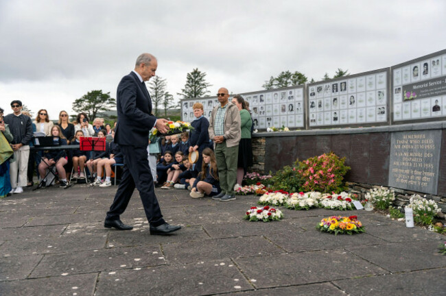 taoiseach-micheal-martin-lays-a-wreath-during-a-commemoration-at-the-ahakista-memorial-in-west-cork-to-mark-the-40th-anniversary-of-the-air-india-disaster-in-june-1985-air-india-flight-182-was-brou