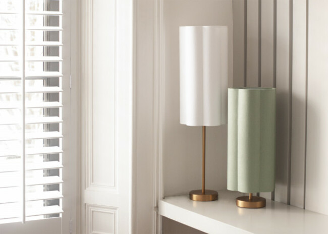 Nóiníní. Lifestyle. Landscape Pair. White-Green-Linen-Table-Lamp. Shady-and-the-Lamp. handmade-table-lamp-Irish-Linen. Tall-bedside-table-lamp