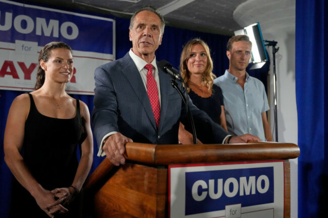 joined-by-his-daughters-from-left-cara-kennedy-cuomo-mariah-kennedy-cuomo-and-son-in-law-tellef-lundevall-mayoral-candidate-andrew-cuomo-center-speaks-to-supporters-during-a-democratic-primary-w