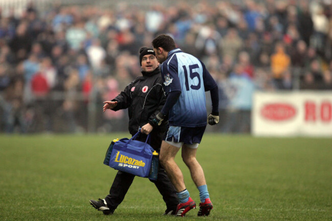 dublins-alan-brogan-challenges-a-tyrone-medical-official-after-recieving-a-red-card
