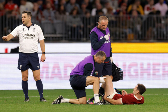 perth-australia-28th-june-2025-tomos-williams-of-the-lions-receives-medical-attention-after-scoring-a-try-during-the-super-rugby-tour-match-between-the-western-force-and-the-british-and-irish-lion