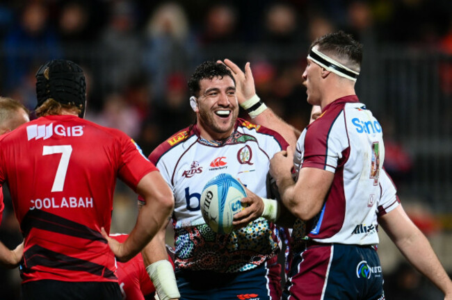 christchurch-new-zealand-04th-may-2024-ryan-smith-of-the-reds-congratulates-jeffery-toomaga-allen-of-the-reds-on-his-try-during-the-super-rugby-pacific-round-11-match-between-the-crusaders-and-th