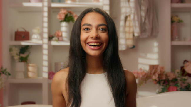 hispanic-ethnic-girl-teen-woman-latina-female-open-pink-box-birthday-gift-surprise-excited-shock-wonder-in-candy-bathroom-home-receive-parcel-miracle