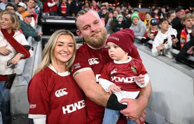 brisbane-australia-02nd-july-2025-finlay-bealham-of-the-lions-holds-his-child-with-wife-sarah-burke-following-the-british-and-irish-lions-tour-match-against-the-queensland-reds-at-suncorp-stadium