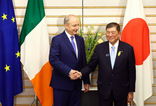 tokyo-japan-2nd-july-2025-irish-taoiseach-prime-minister-micheal-martin-l-shakes-hands-with-japanese-prime-minister-shigeru-ishiba-before-their-summit-talks-at-ishibas-official-residence-in-t