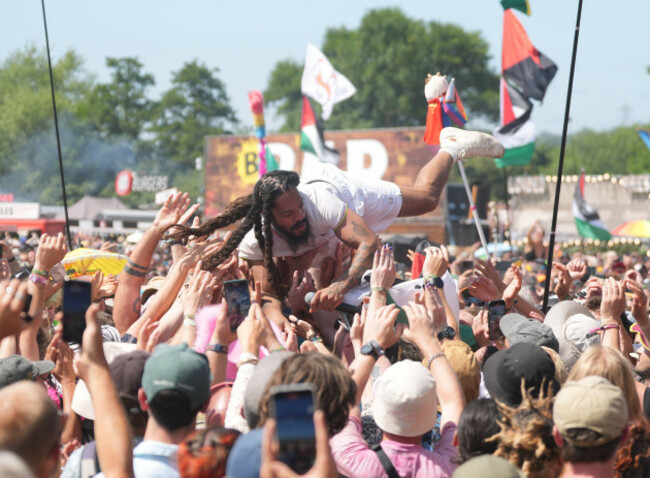 previously-unissued-photo-dated-2862025-of-bob-vylan-crowd-surfs-during-his-performance-on-the-west-holts-stage-during-the-glastonbury-festival-at-worthy-farm-in-somerset-the-performer-led-crowds