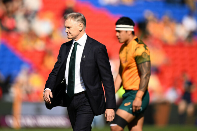 newcastle-australia-06th-july-2025-wallabies-head-coach-joe-schmidt-during-the-warm-up-ahead-of-the-mens-internationals-test-match-between-the-wallabies-and-fiji-at-mcdonald-jones-stadium-in-newc