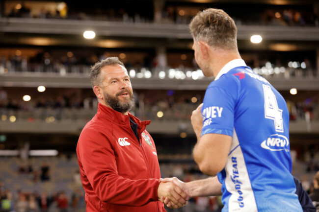 perth-australia-28th-june-2025-andy-farrell-head-coach-of-the-lions-talks-with-sam-carter-of-the-force-after-the-super-rugby-tour-match-between-the-western-force-and-the-british-and-irish-lions-a
