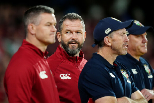 british-and-irish-lions-head-coach-andy-farrell-centre-during-the-qatar-airways-lions-tour-2025-match-at-the-adelaide-oval-australia-picture-date-saturday-july-12-2025